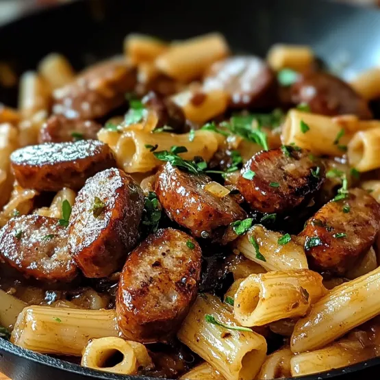 A bowl of pasta with sausage and green herbs.