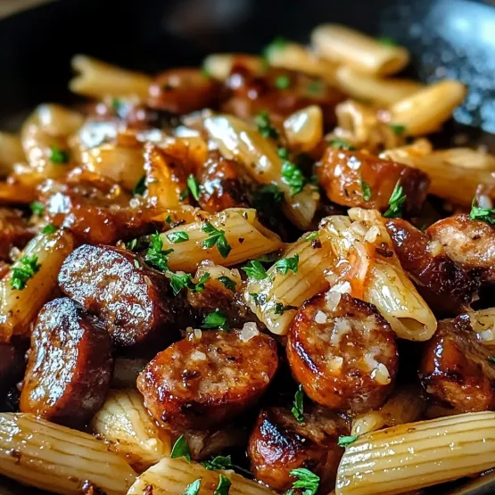 A plate of pasta with sausage and onions.