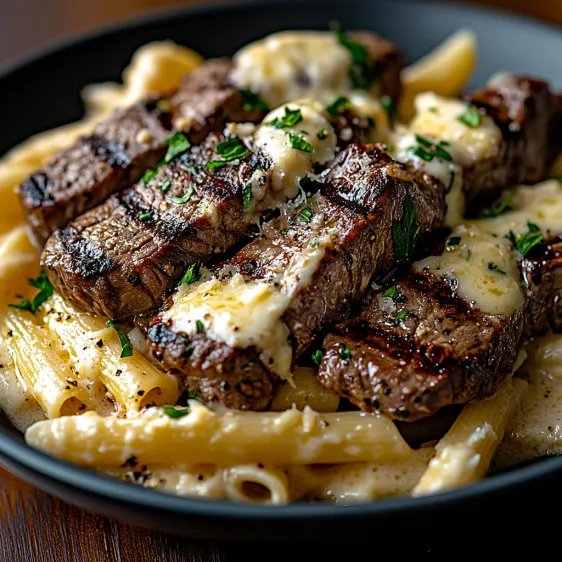 A plate of food with meat and pasta.