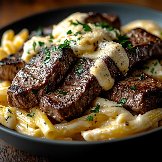 A plate loaded with steak and pasta.