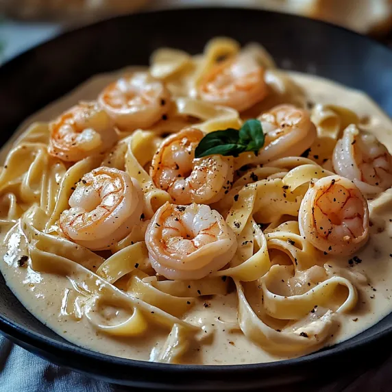 Shrimp pasta in a bowl with creamy Alfredo.