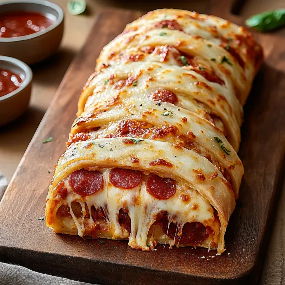 A pizza roll with pepperoni and cheese.