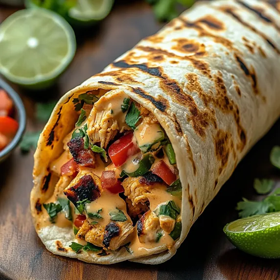 Grilled chicken burrito stuffed with tomatoes and chicken.