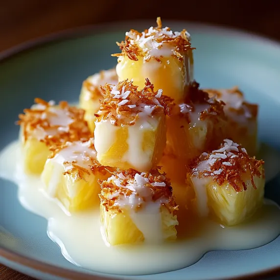 A dish piled high with coconut and pineapple treats drizzled in creamy sauce.