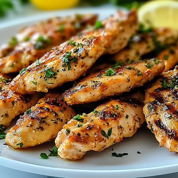 Grilled chicken tenders topped with herbs on a plate.