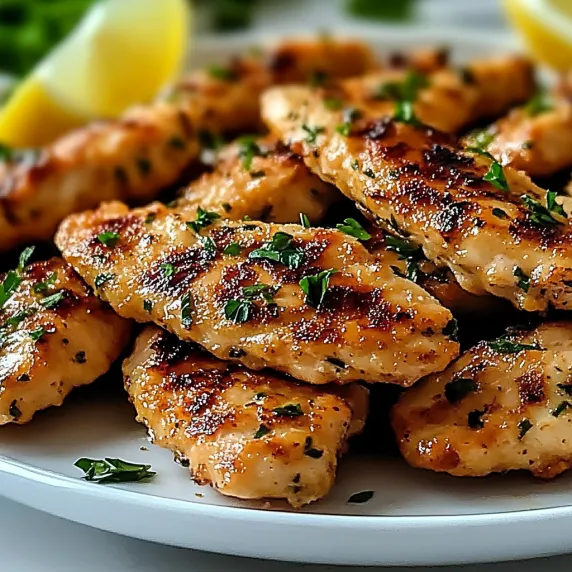 Chicken strips on a plate finished with fresh lemon wedges.