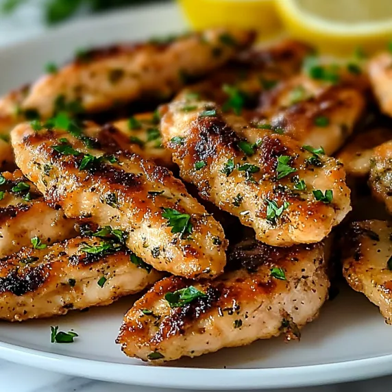 White plate filled with sizzling chicken tenders and herbs.