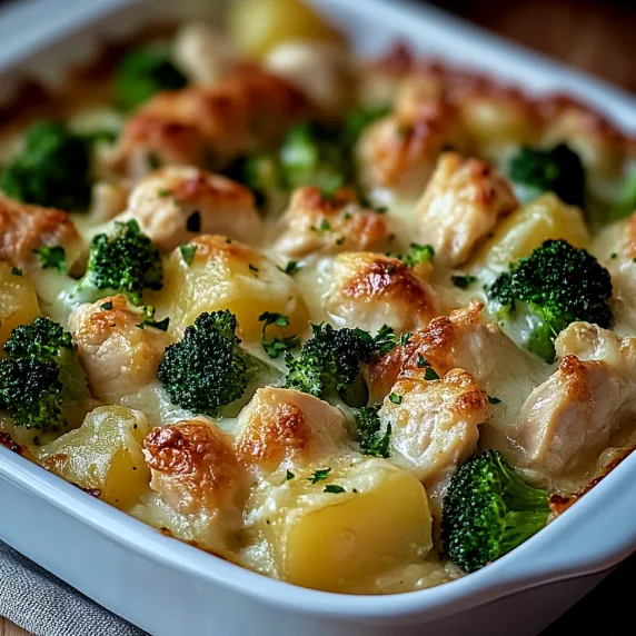 Oven-baked mix of broccoli and potatoes in a pan.