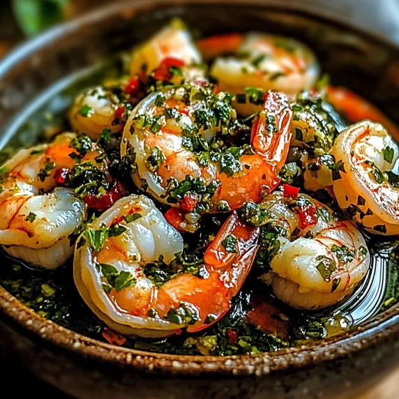 Shrimp covered in zippy green sauce in a bowl.