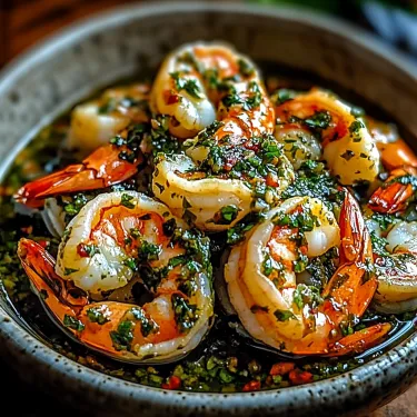 Bowl filled with juicy shrimp and fresh herbs.