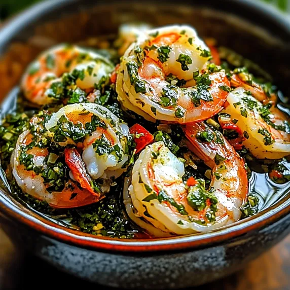 Big bowl of shrimp covered in green sauce.