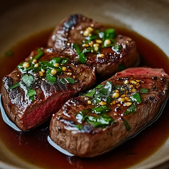 Two pieces of meat sprinkled with herbs.