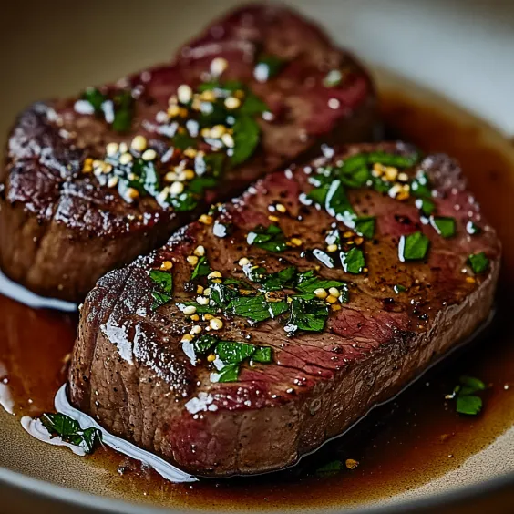 A pair of steaks topped with fresh herbs.