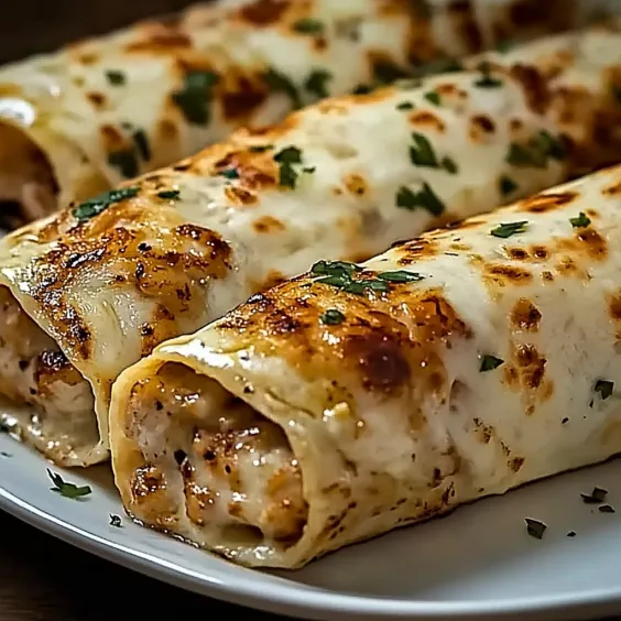 Three cheese and chicken enchiladas on a plate.