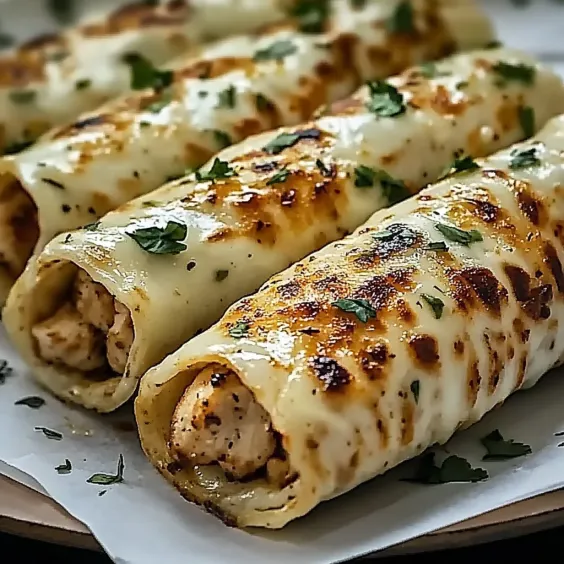A plate with a tortilla wrap filled with chicken and cheese.