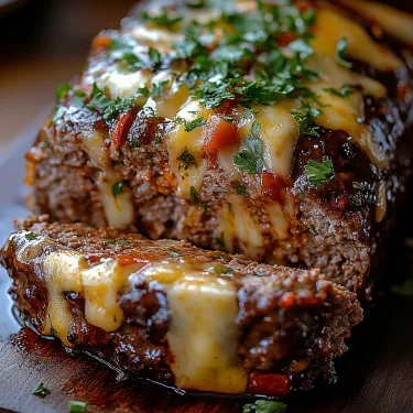 A cheesy meatloaf slice with fresh herbs.