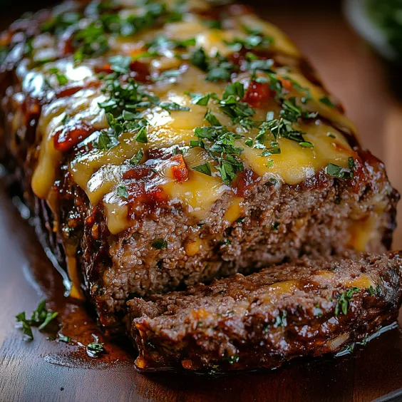 A slice of juicy meatloaf covered in cheese and herbs.