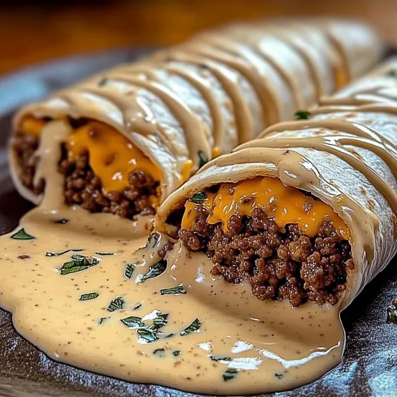 A plate of food with gooey sauce dripping over the edges.