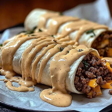 A plate stacked with cheesy sauce-topped food.