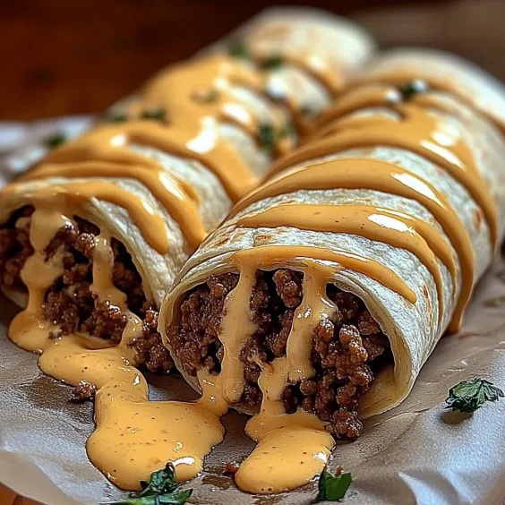 Two stuffed tortillas with gooey cheese and creamy sauce on a plate.