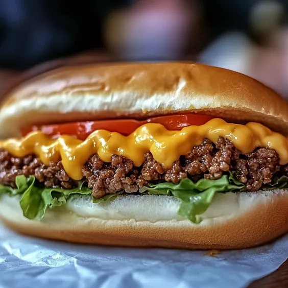 A hamburger with cheese and tomato.