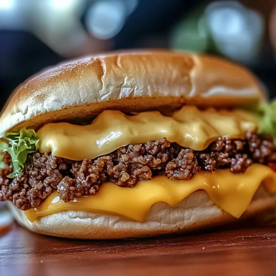 A close up of a hamburger with cheese.