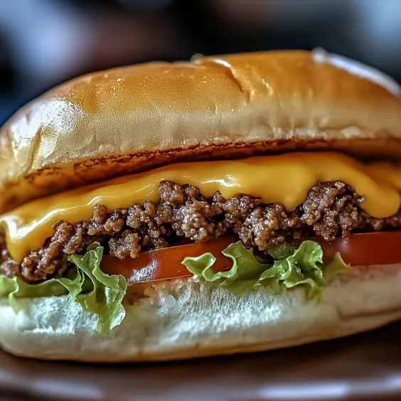Cheesy burger with tomato sitting on a plate.