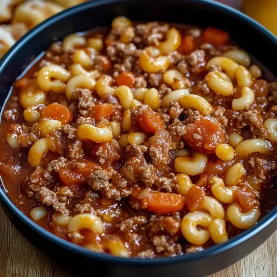 A bowl full of saucy noodles and beef with melty cheese.