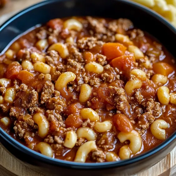 Noodle and sausage stew in a bowl.