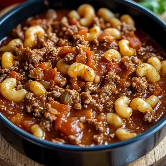 A bowl piled high with beef, pasta, and gooey cheese.