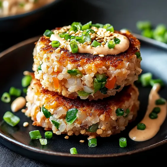 Plate with tuna cakes covered in sauce.