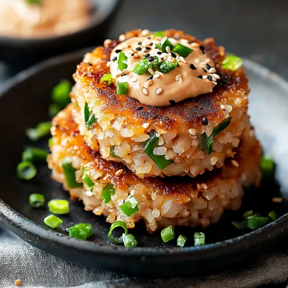 A stack of rice cakes with a dollop of sauce on top.