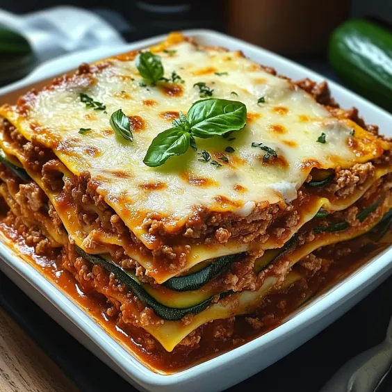 A white plate holding a slice of cheesy lasagna.