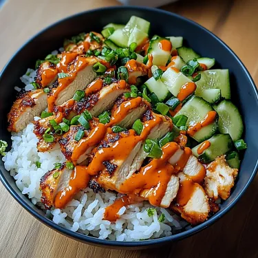A bowl of rice with chicken and vegetables.