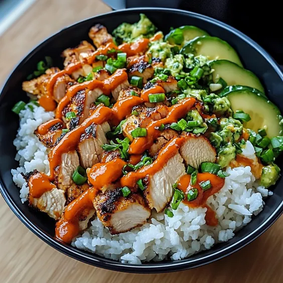 A tasty bowl packed with rice, chicken, and bright veggies.