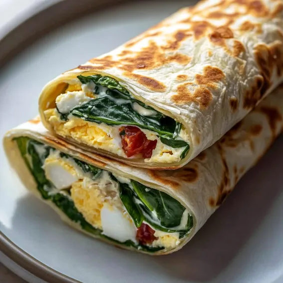 A breakfast burrito with eggs, cheese, and spinach.