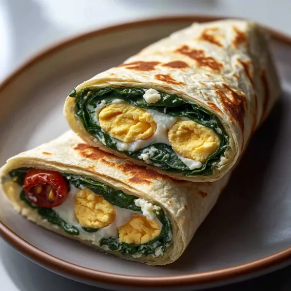 A wrap stuffed with eggs and tomatoes.