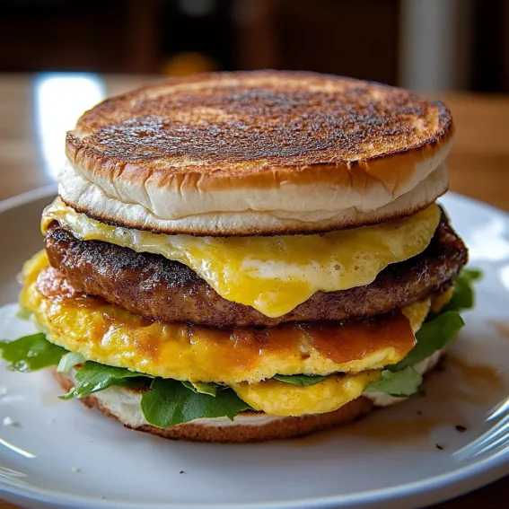 Egg, cheese, and bacon packed in a stacked sandwich on a plate.