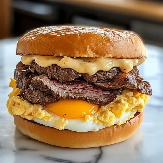 A juicy beef sandwich piled with eggs and melted cheese.