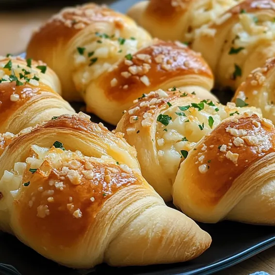A plate of croissants with cheese and herbs.