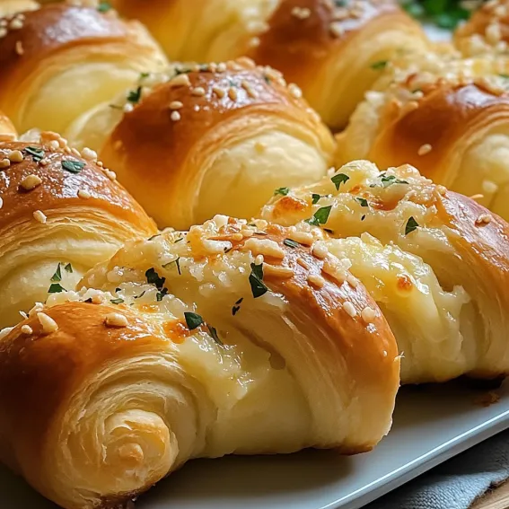 A plate of croissants filled with cheese and sprinkled with herbs.