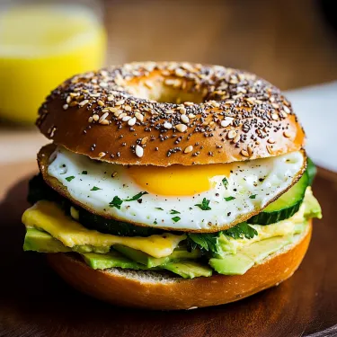 A bagel sandwich with eggs, avocado, and a fried egg on top.