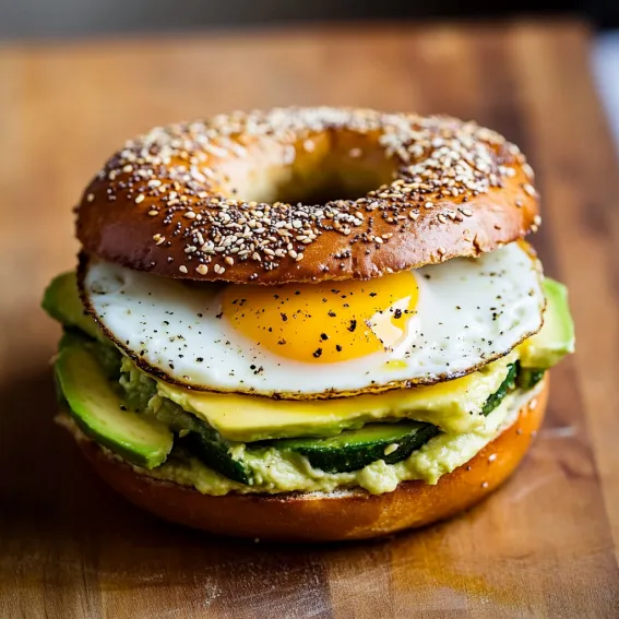 Bagel loaded with eggs, avocado, and a sprinkle of sesame seeds.