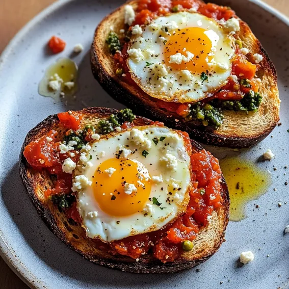 Two thick toasts piled with fried eggs and feta.