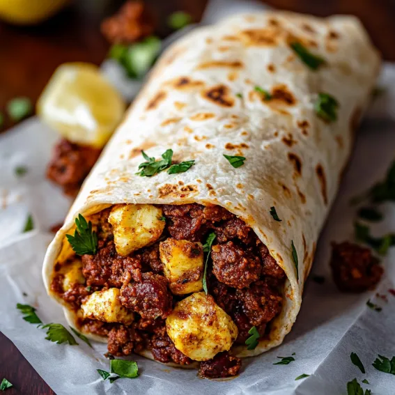 A burrito with meat and cheese.