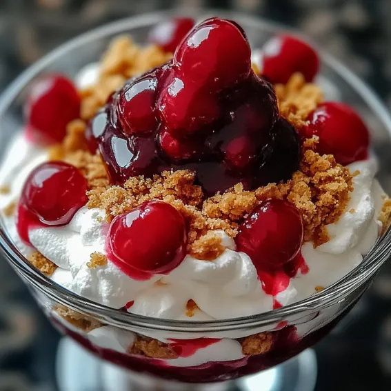 A glass packed with red cherries and a swirl of whipped cream on top.