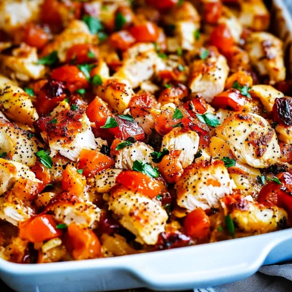 A dish with chicken and tomatoes.