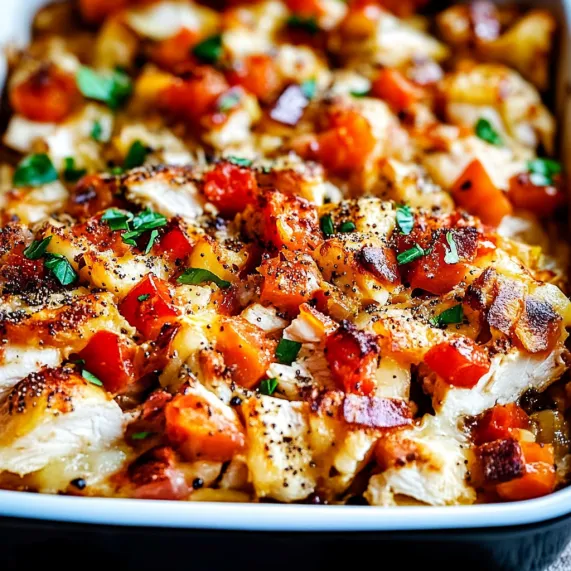 A dish of food with tomatoes, onions, and chicken.