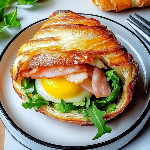 Breakfast sandwich stacked with bacon, eggs, and lettuce between croissant halves.