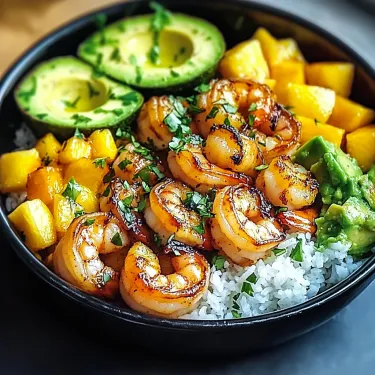 A bowl of food with shrimp, avocado, and other vegetables.